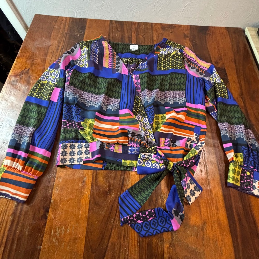 Peyton Jensen Womens Large Patchwork Wrap Top Long Sleeve Smocked Back Blouse